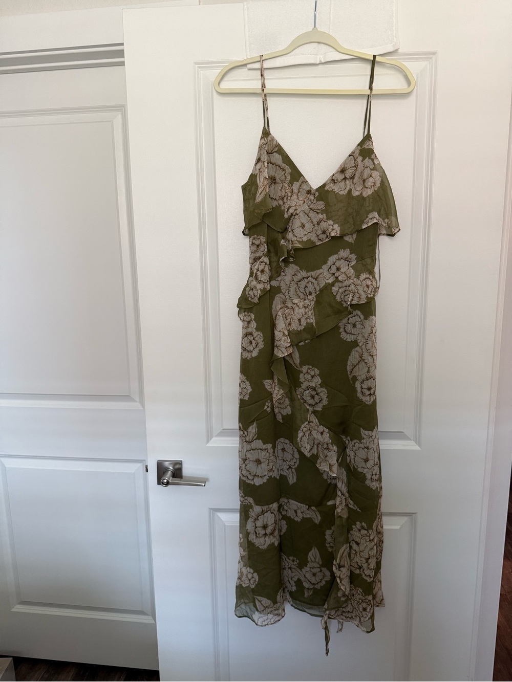 Zara Olive Green Floral Ruffle Midi Dress